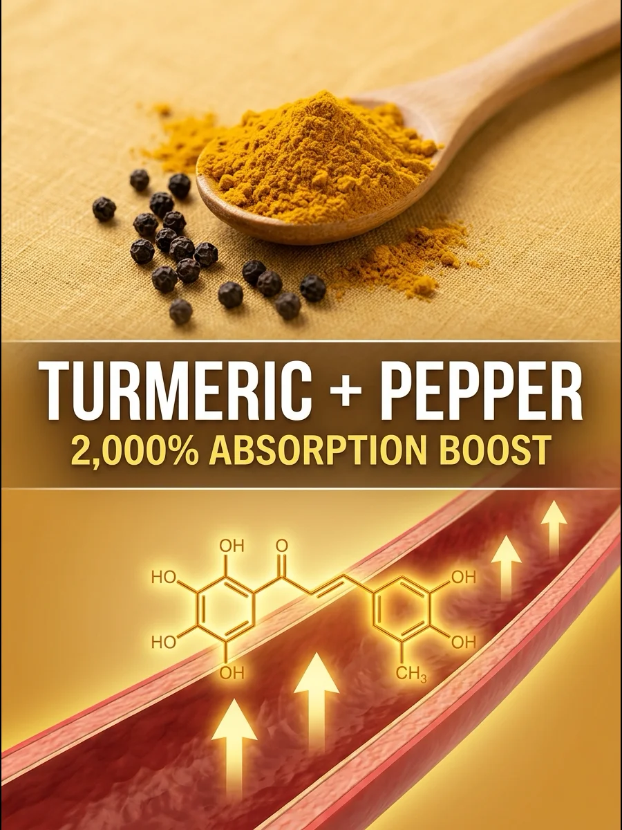 Golden turmeric powder on a wooden spoon next to black peppercorns with a glowing curcumin molecule absorbing into a blood vessel
