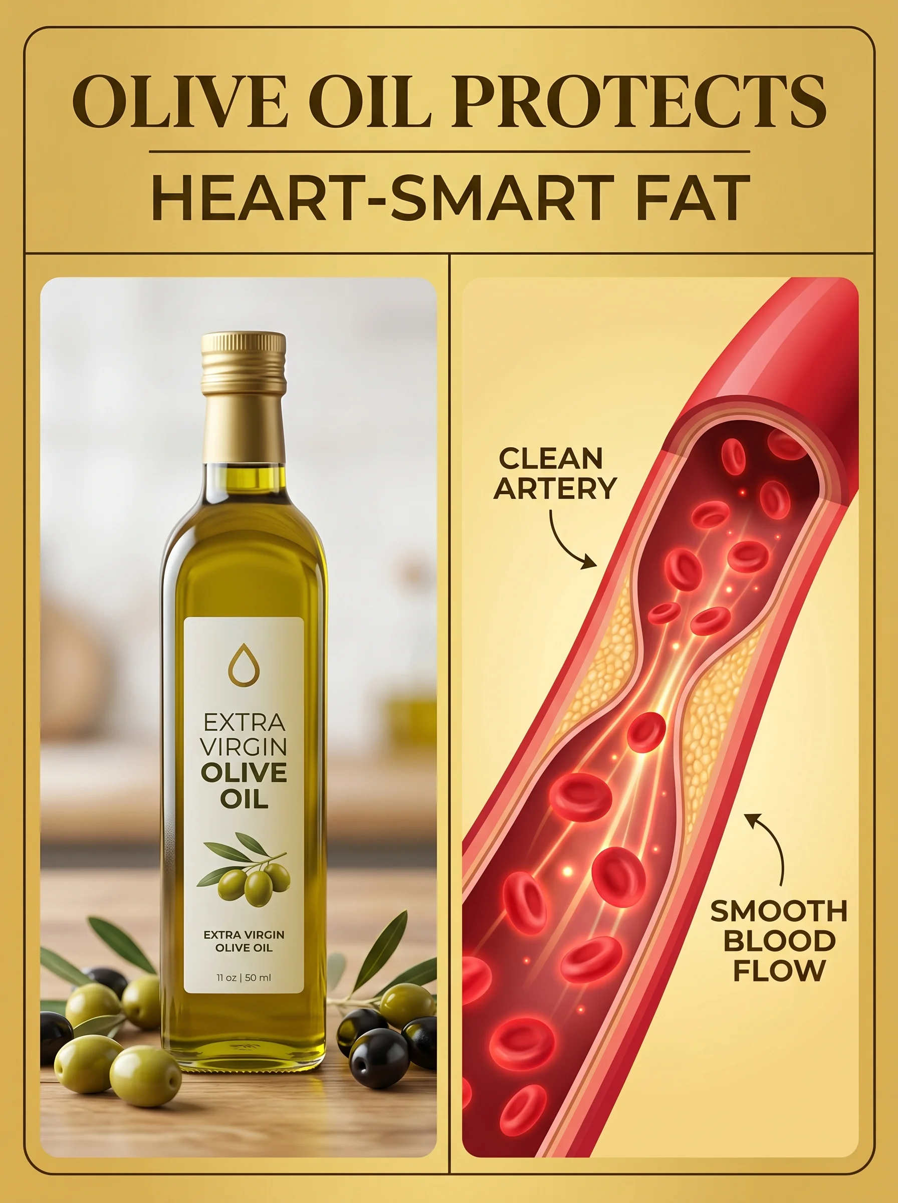 Bottle of olive oil pouring into a wooden spoon beside an illustration of a clean artery