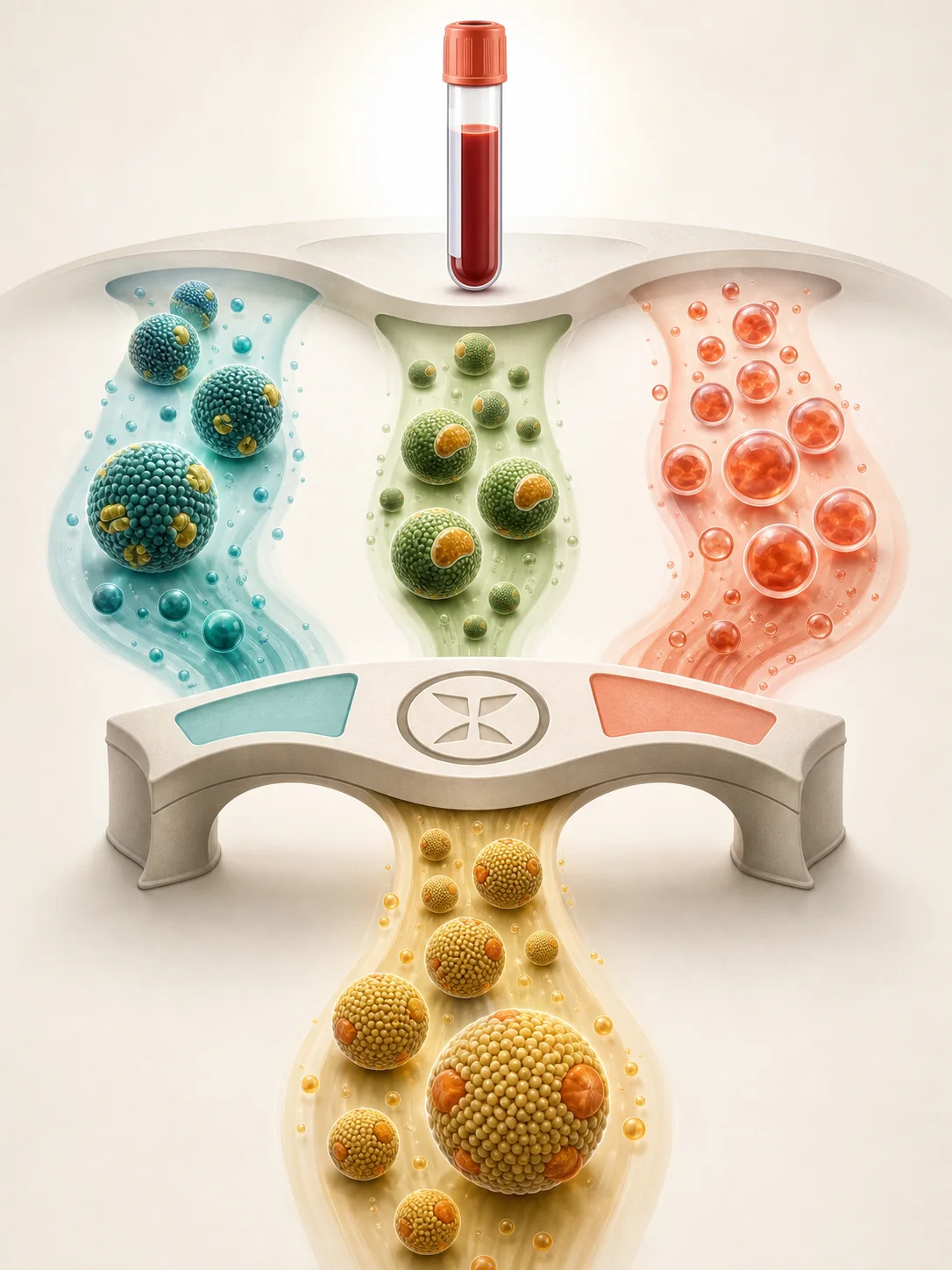 Three distinct lipid particle groups flowing through an estimation bridge into one LDL-like stream
