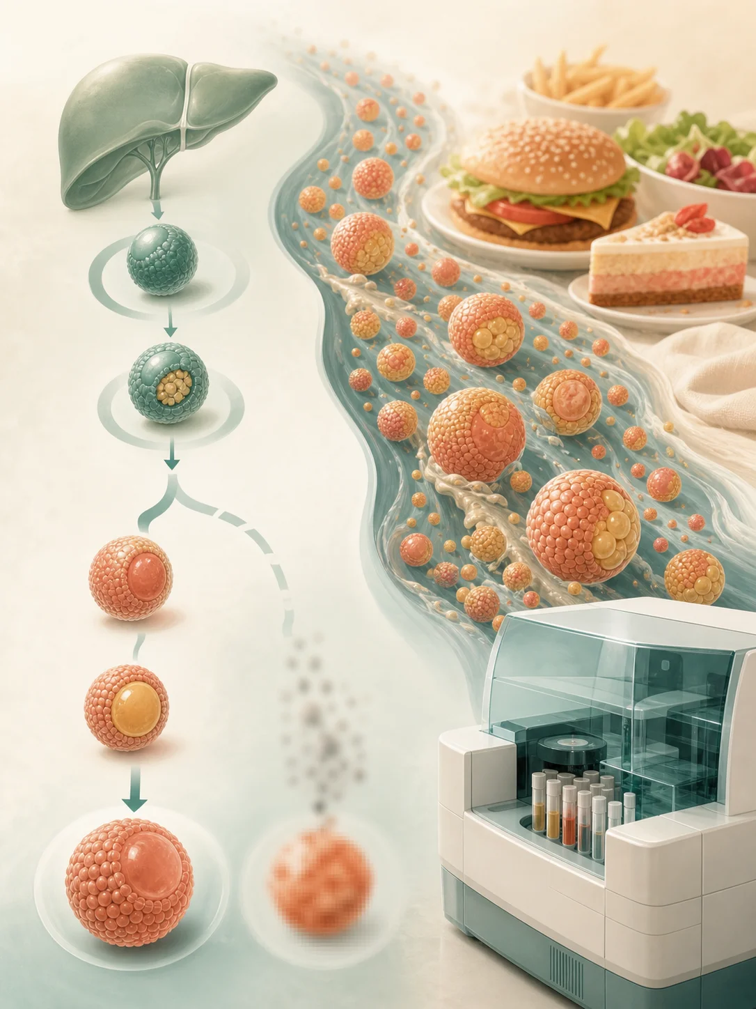 Blurred lipid estimate beside a high triglyceride stream, recent meal, and direct laboratory analyzer
