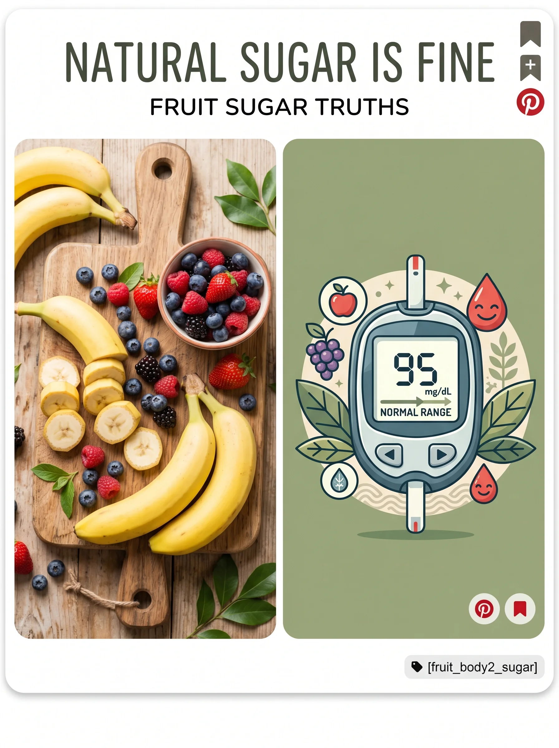 Pinterest panel: left photo of bananas and berries on wood; right illustrated glucose meter with stable numbers, warm sage background