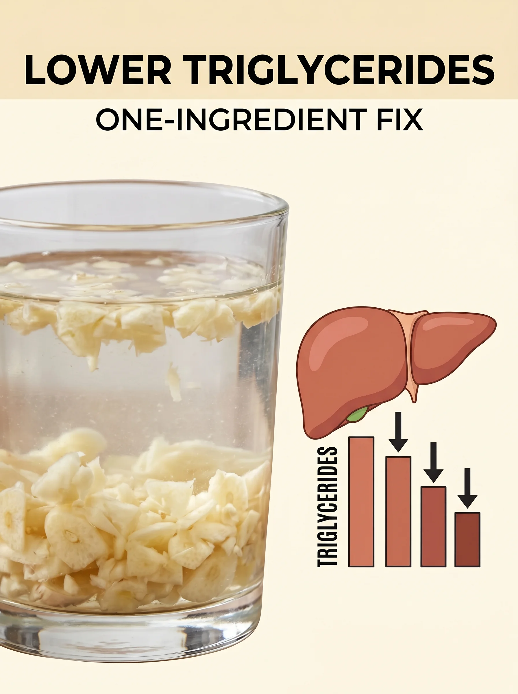 Pinterest panel: left close-up of crushed garlic cloves in a glass of water; right illustrated liver with dropping triglyceride bars, warm cream background