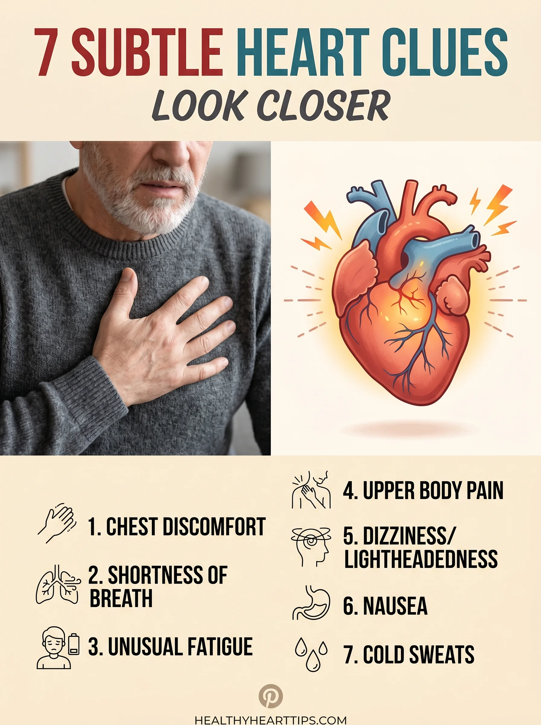 Pinterest panel: left close-up of a person holding chest; right illustrated heart with warning sparks, warm cream background