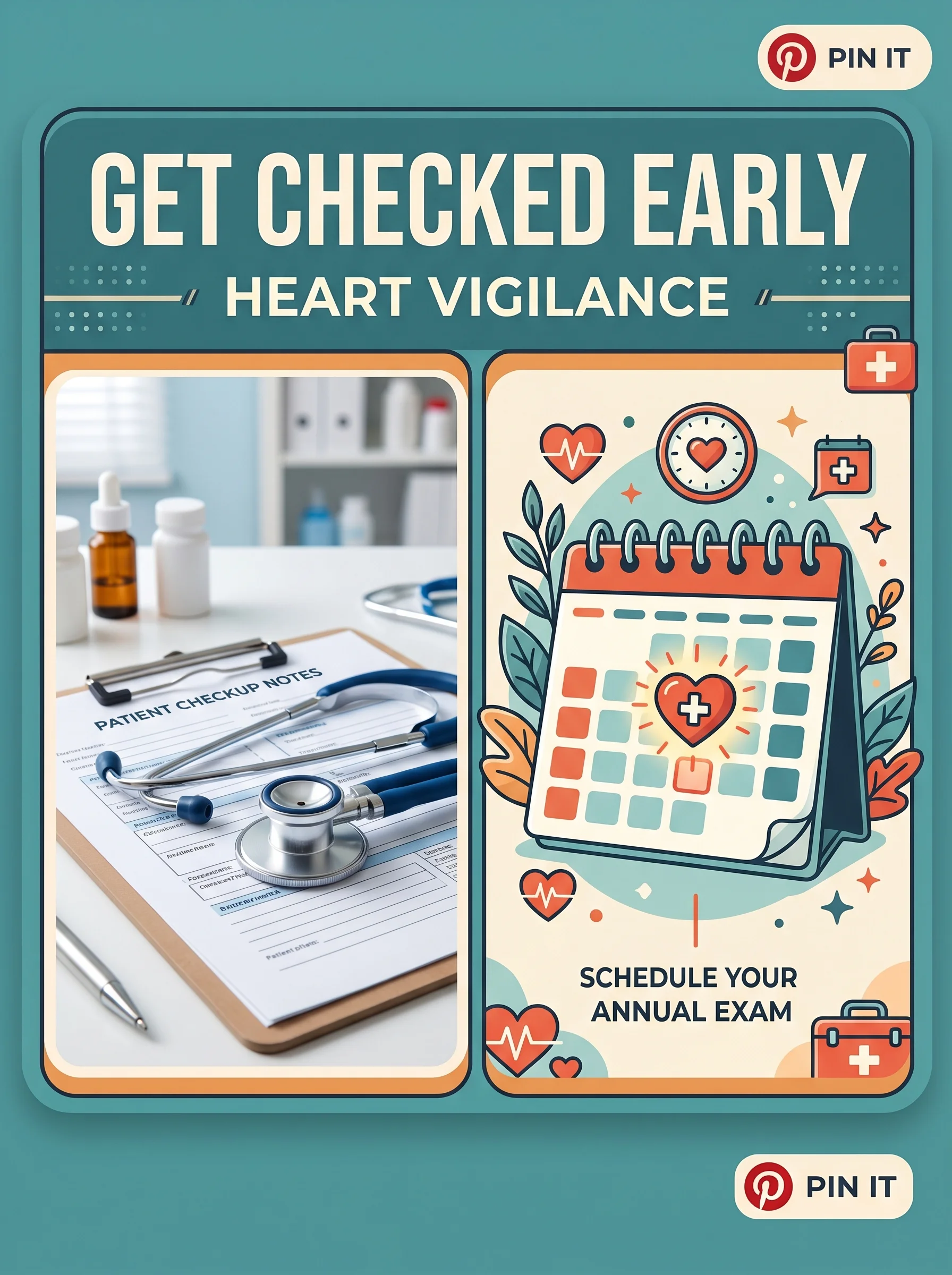Pinterest panel: left photo of stethoscope and clipboard; right illustrated calendar with heart icon, warm teal background