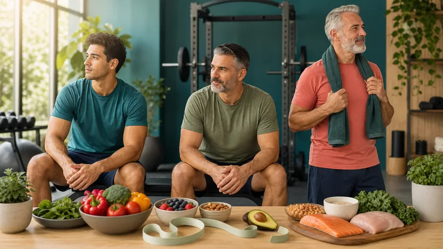 Men across adult age groups beside a body-composition range, tape measure, and strength equipment