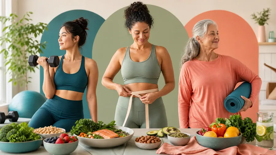 Women across adult age groups beside a body-composition range and measuring tools
