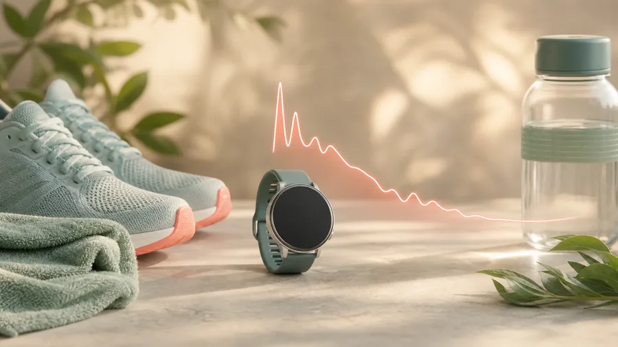 An exercise heart-rate trace falling during the first two minutes of recovery beside a stopwatch