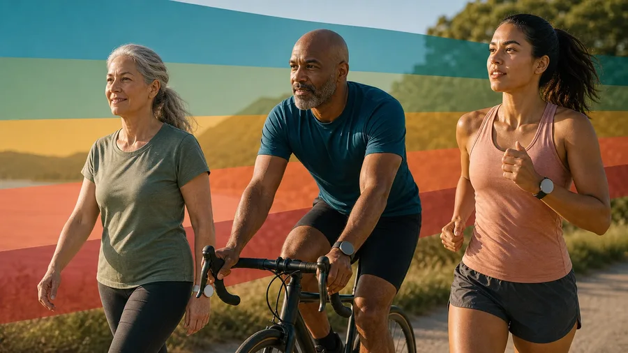 Five colored exercise intensity bands arranged around a heart-rate trace for different ages