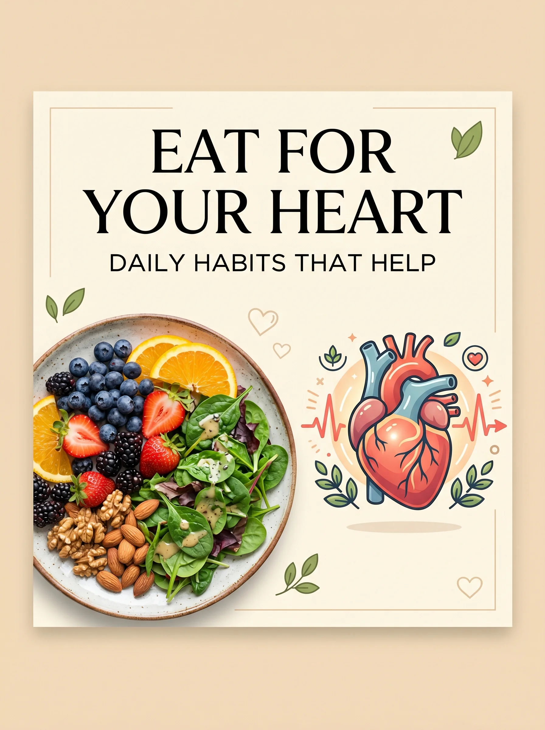 Pinterest panel: left close-up of a plate of fruits, nuts, and leafy greens; right illustrated heart with strong pulse, warm cream background