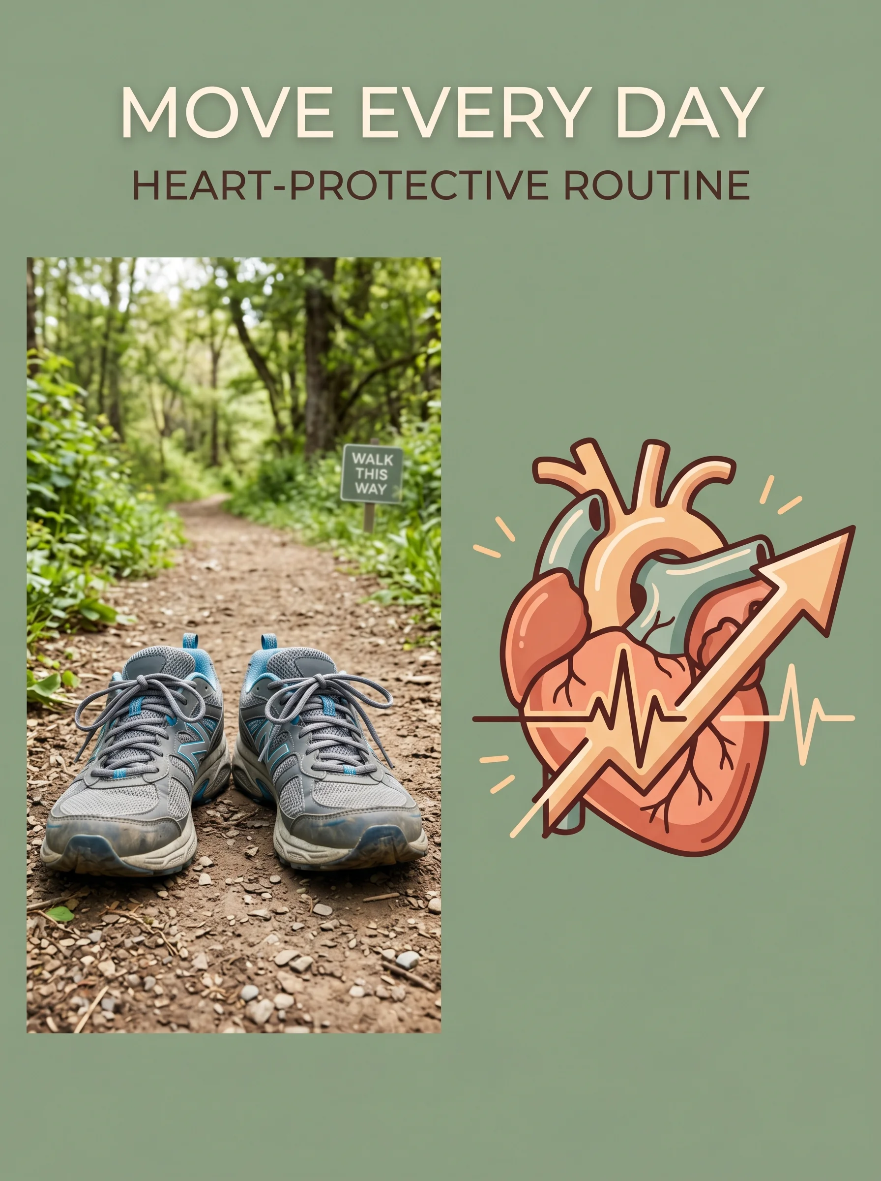 Pinterest panel: left photo of walking shoes on a path; right illustrated heart with steady beat and upward arrow, warm sage background