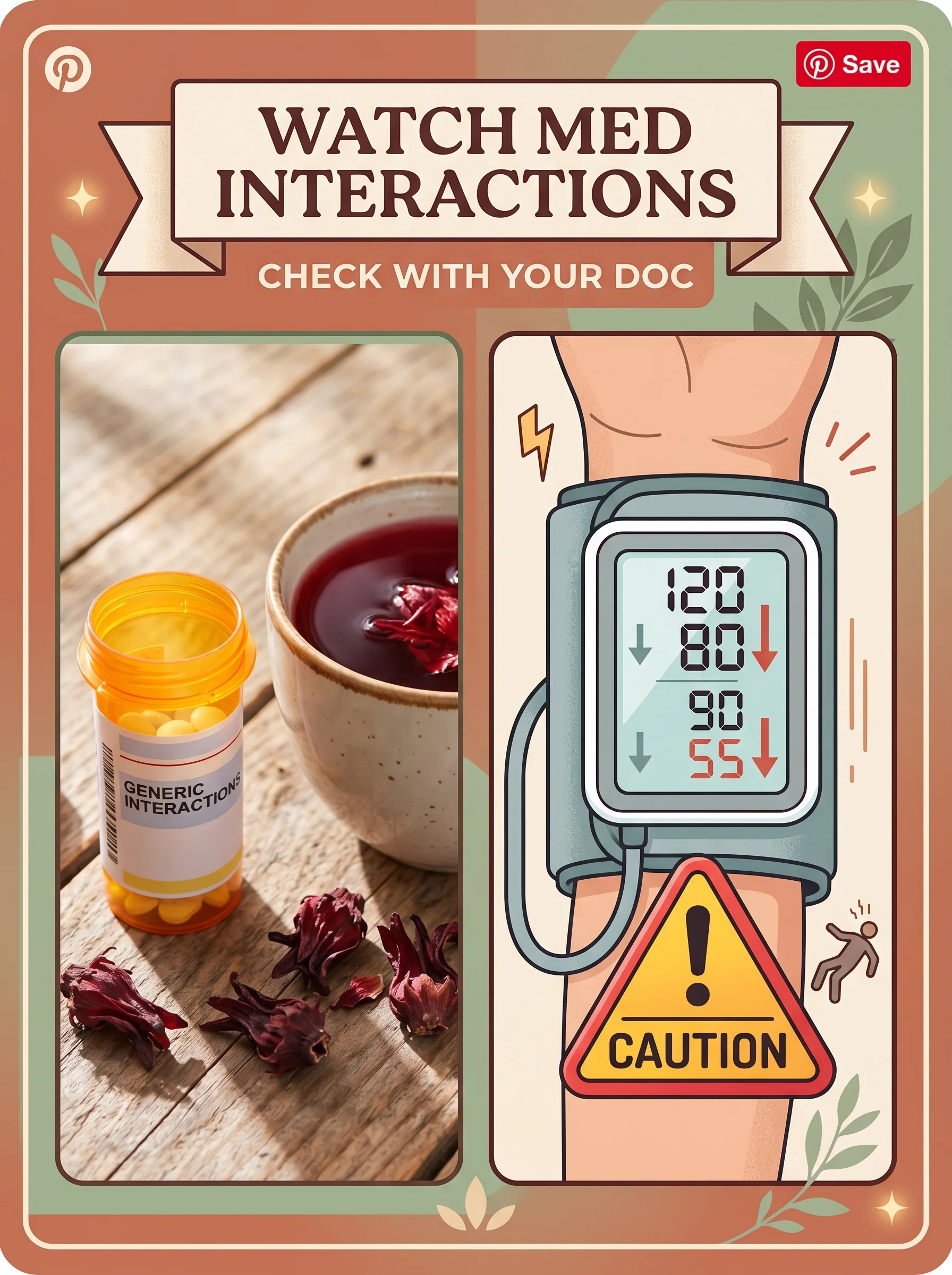 Pinterest panel: left photo of pill bottle and hibiscus tea cup; right illustrated BP cuff with dropping numbers and caution, warm muted background