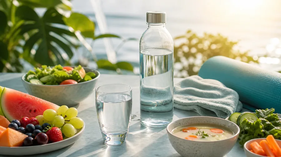 A water bottle, glass, hydrating foods, and exercise towel arranged as a flexible daily hydration plan