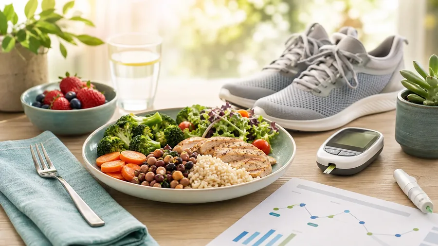 A balanced meal, walking shoes, glucose meter, and A1C laboratory report arranged as a safe improvement plan