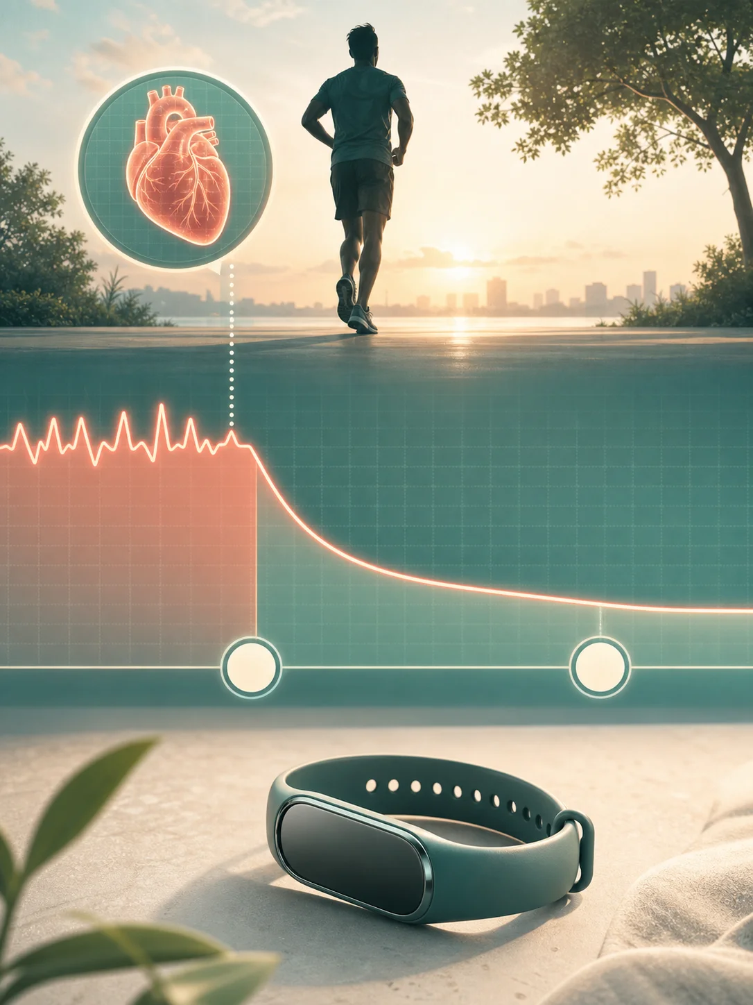 Runner finishing exercise above a pulse curve that falls between two blank time markers