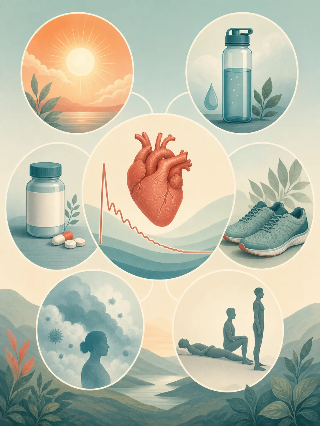 Heart-rate recovery surrounded by heat, hydration, medicine, fitness, illness, and body-position factors