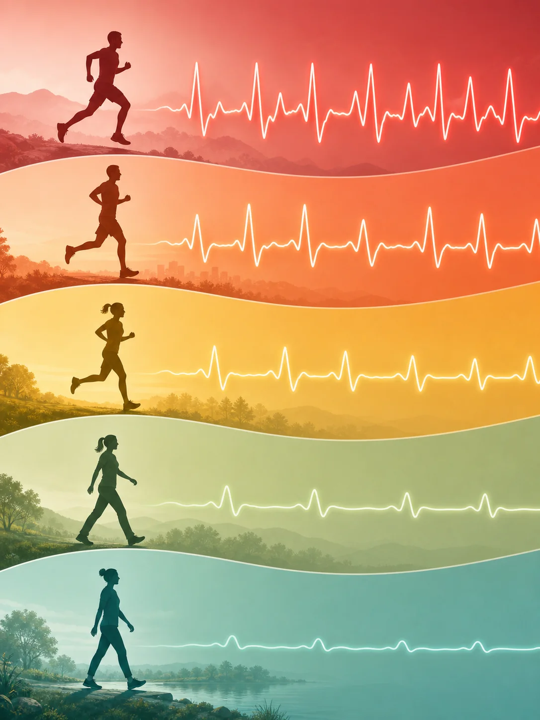 Five colored exercise bands progressing from easy walking to hard running with pulse curves