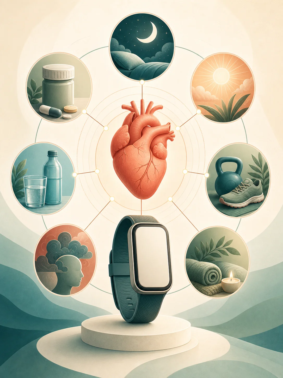Heart and blank wearable connected to sleep, heat, hydration, medicine, stress, and recovery
