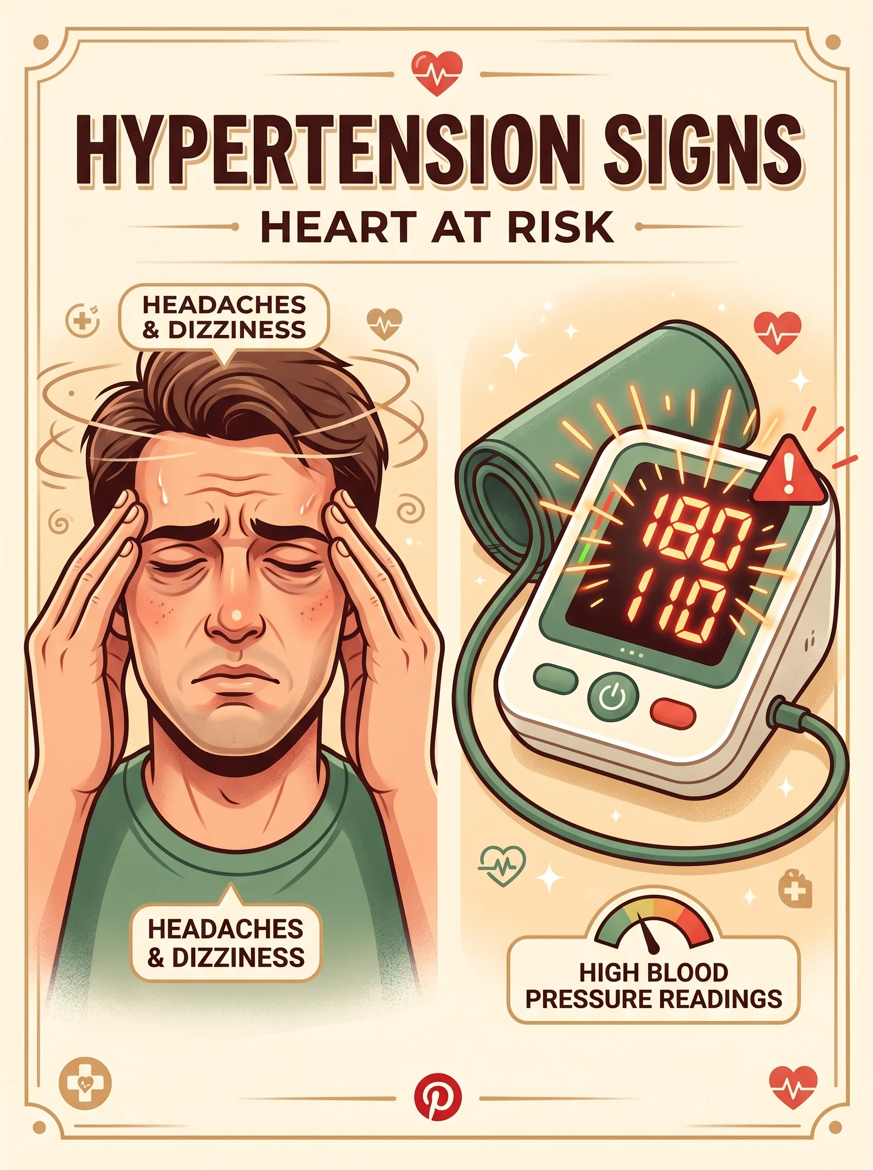 Pinterest panel: left close-up of a person rubbing temples; right illustrated BP monitor with high numbers flashing, warm cream background