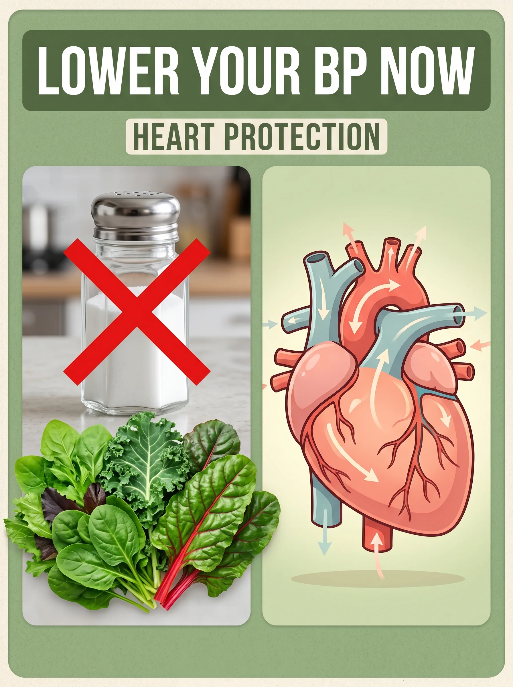 Pinterest panel: left photo of a salt shaker crossed out with leafy greens; right illustrated healthy heart with calm flow, warm sage background