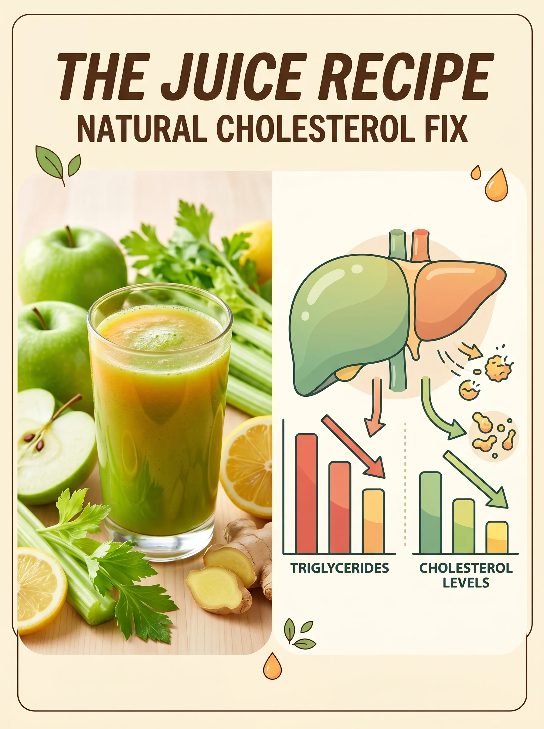 Pinterest panel: left close-up of glass of juice with fresh apple, celery, lemon, ginger; right illustrated liver with dropping triglyceride bars, warm cream background