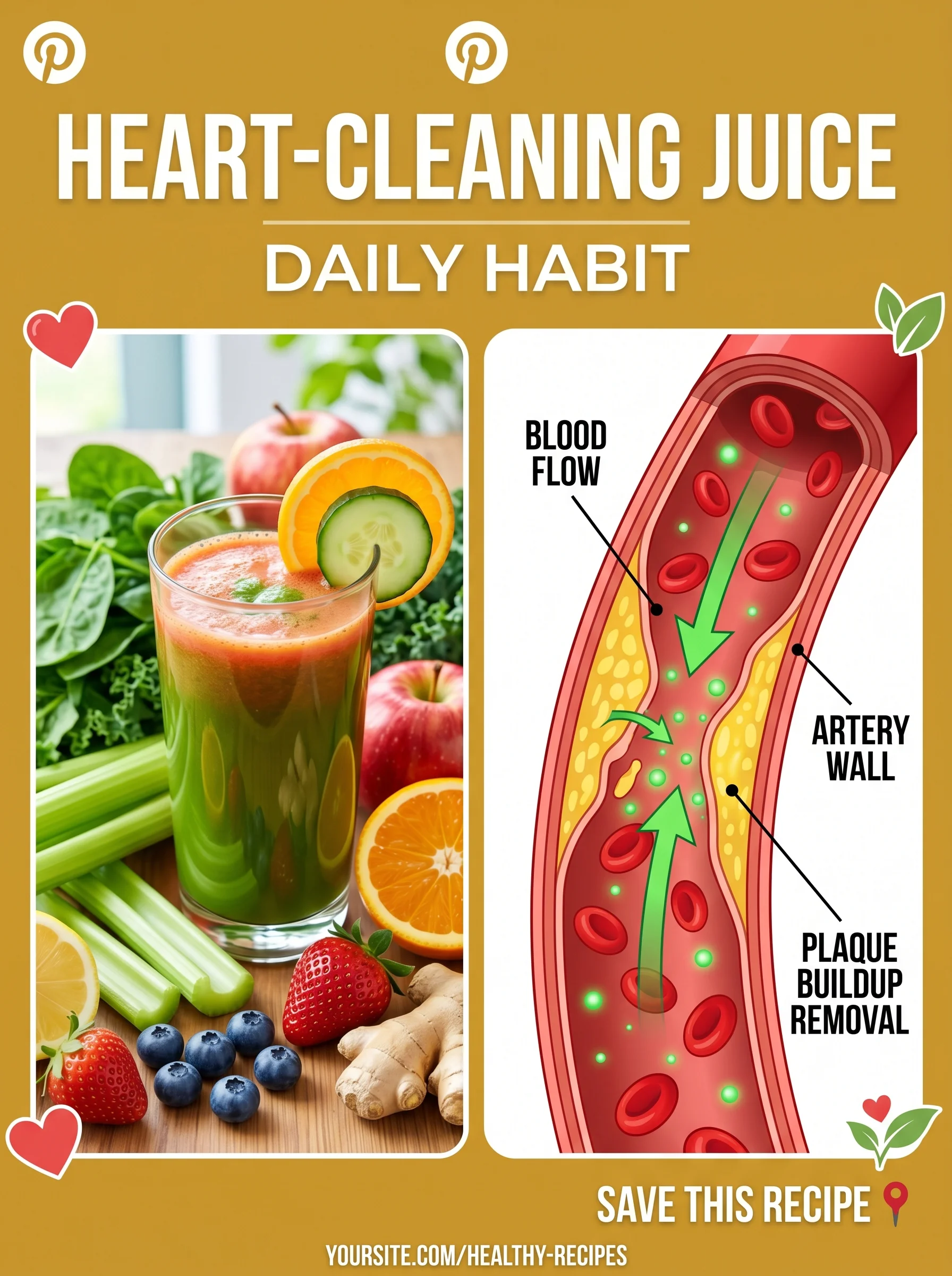 Pinterest panel: left photo of juice glass with fruits and greens; right illustrated artery clearing out plaque, warm gold background