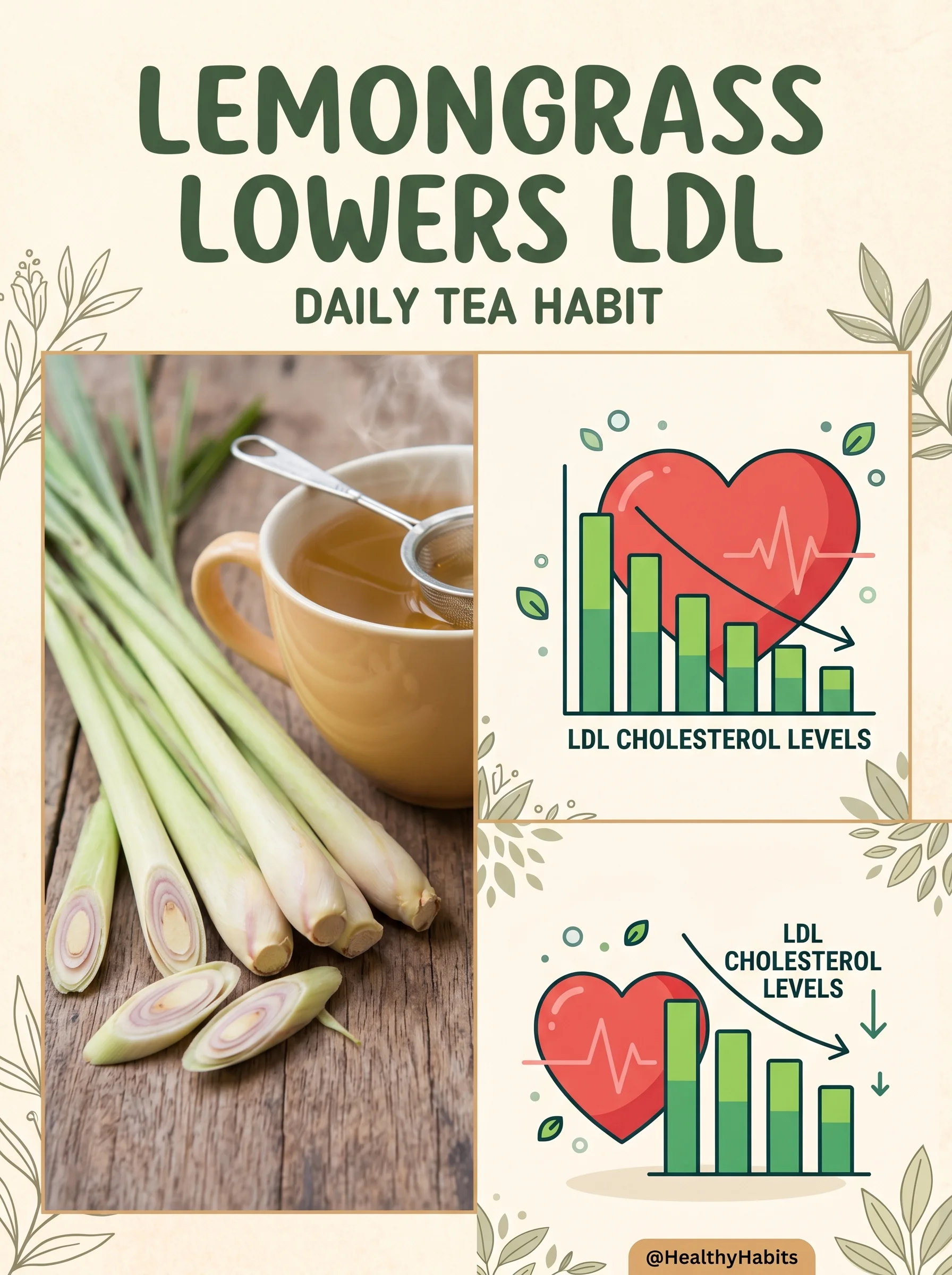 Pinterest panel: left close-up of lemongrass stalks and a teacup; right illustrated heart with dropping cholesterol bars, warm cream background