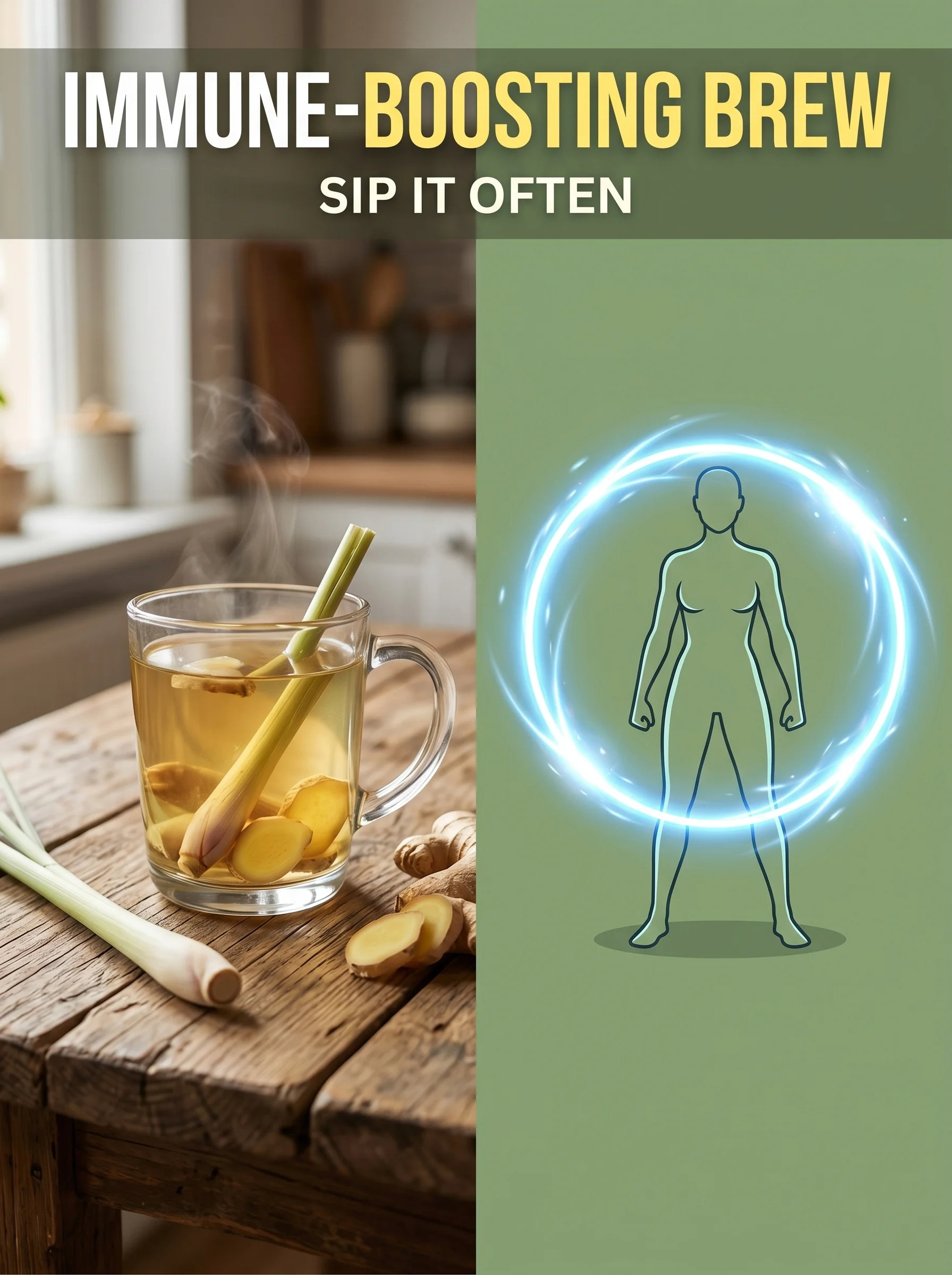 Pinterest panel: left photo of lemongrass and ginger tea on wood; right illustrated body silhouette with glowing shield of protection, warm sage background