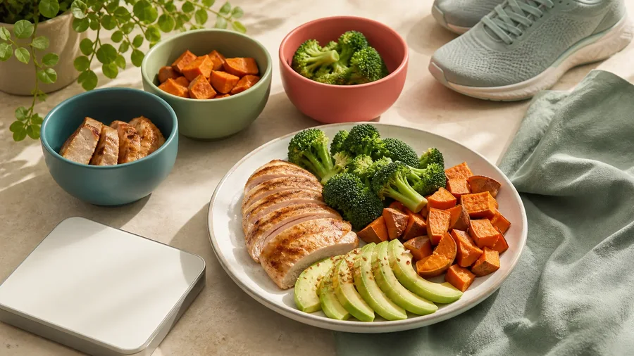 A balanced plate divided among protein, high-fiber carbohydrates, vegetables, and healthy fats beside a practical macro plan