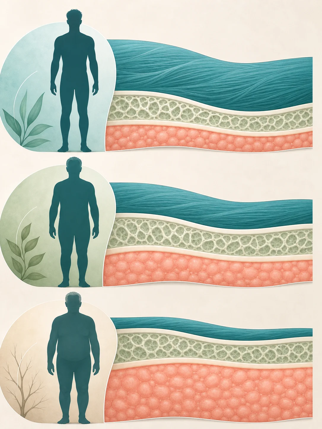 Men at three adult life stages beside abstract layers of muscle, bone, and fat tissue
