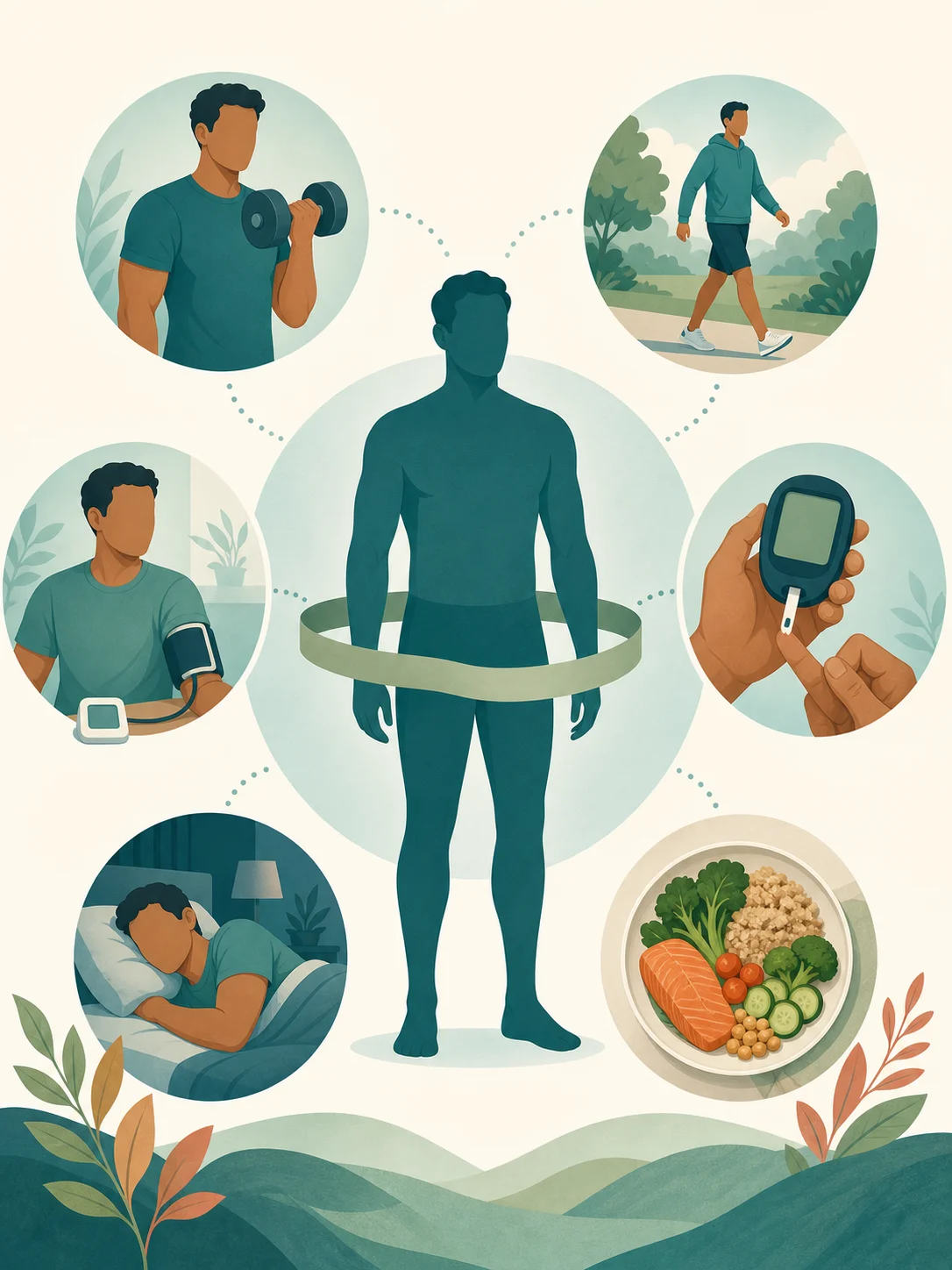 Male body silhouette connected to waist, strength, walking, blood pressure, glucose, sleep, and food