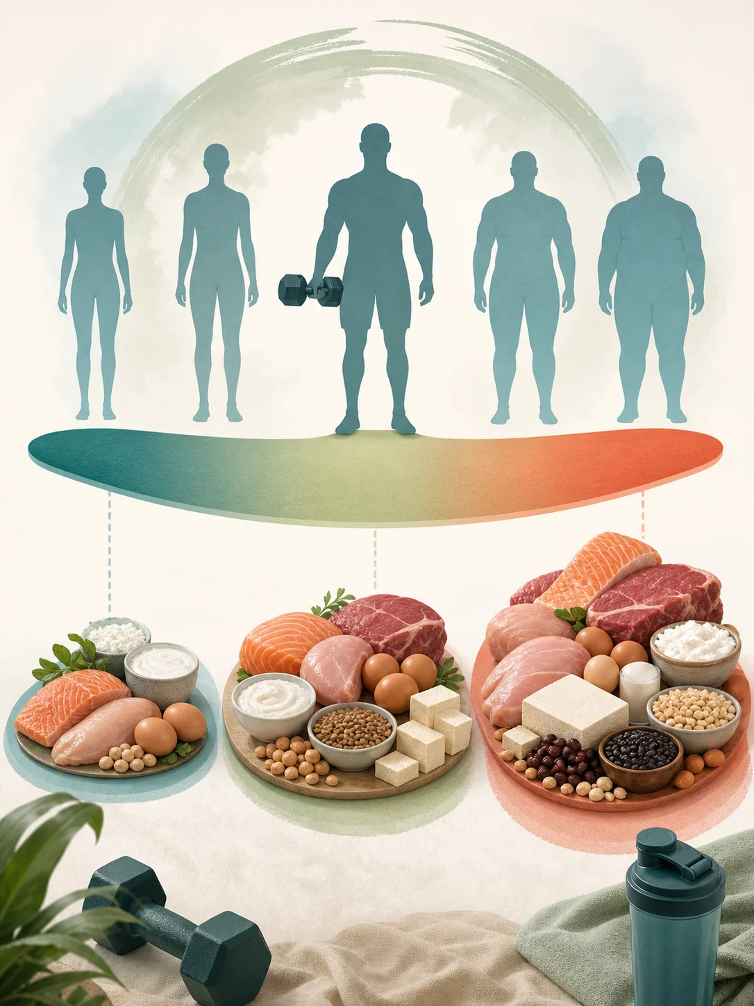 Body-size and training silhouettes above modest, middle, and larger groups of varied protein foods