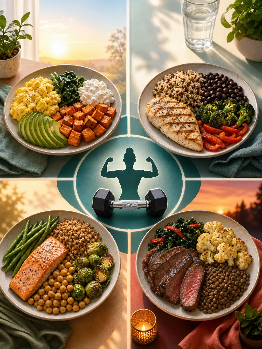 Four protein-rich balanced meals arranged from morning through evening around strength training
