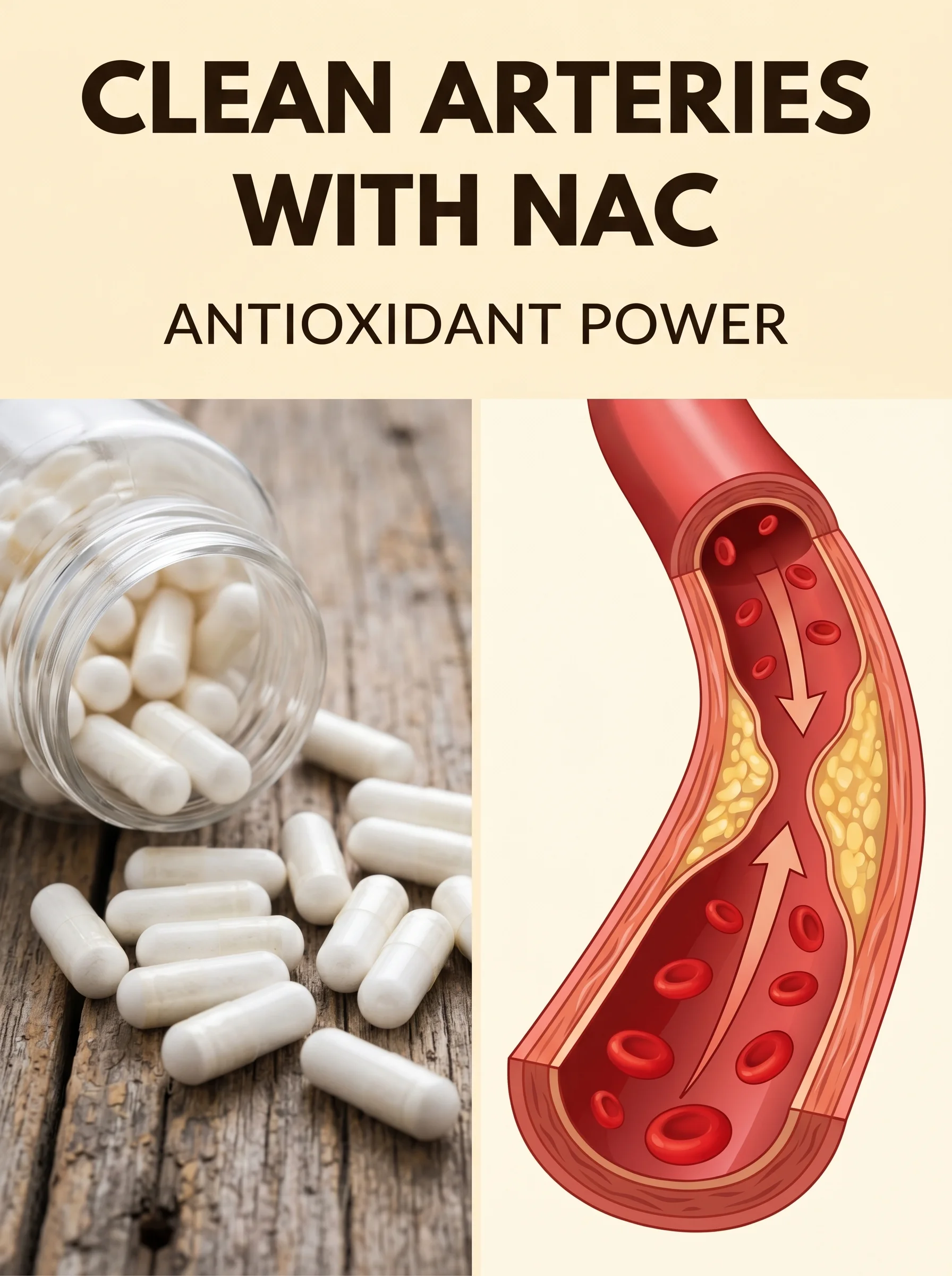 Pinterest panel: left close-up of NAC capsules on wood; right illustrated artery clearing plaque with smooth flow, warm cream background