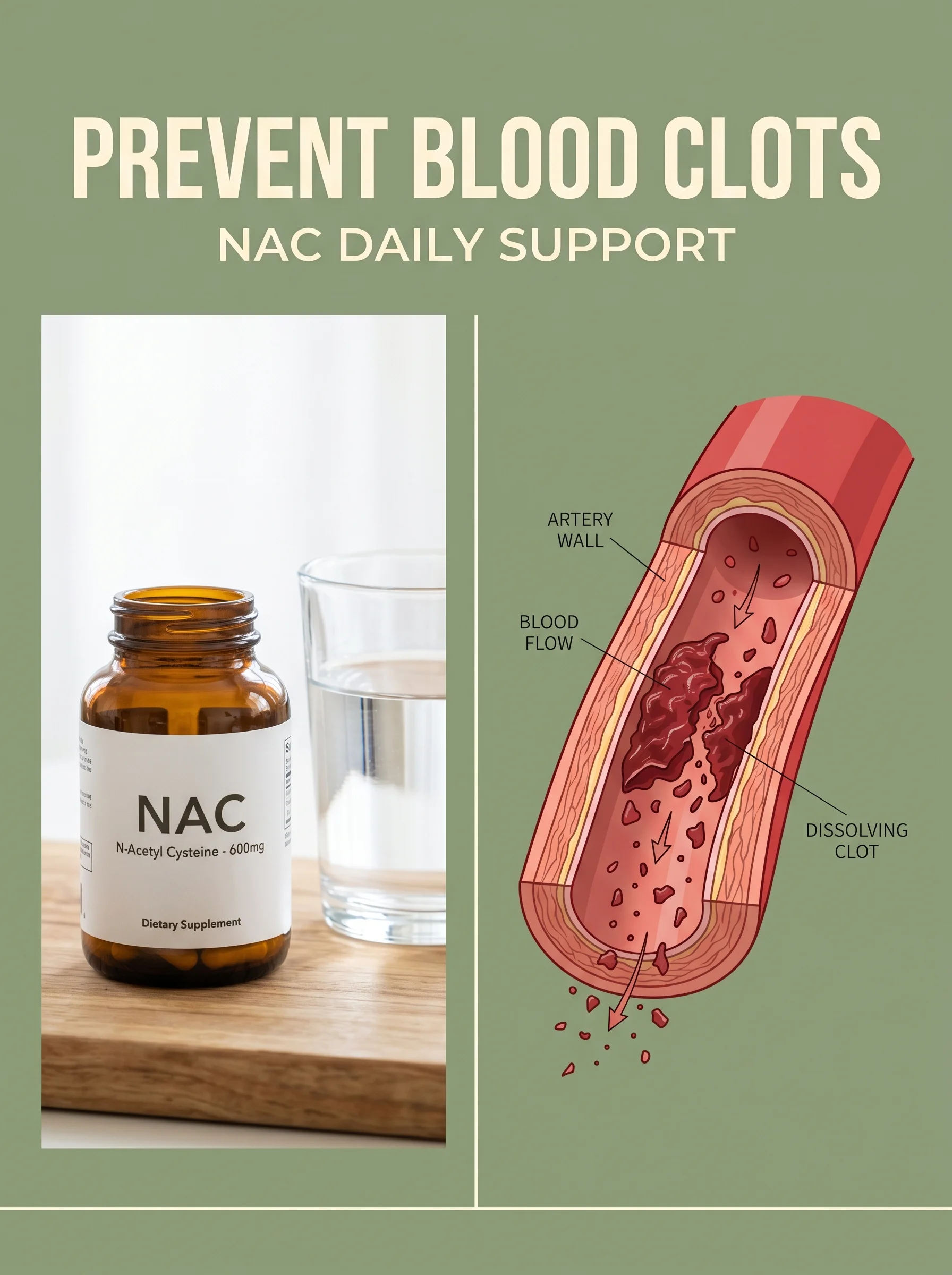 Pinterest panel: left photo of supplement bottle and water glass; right illustrated artery with dissolving clot, warm sage background