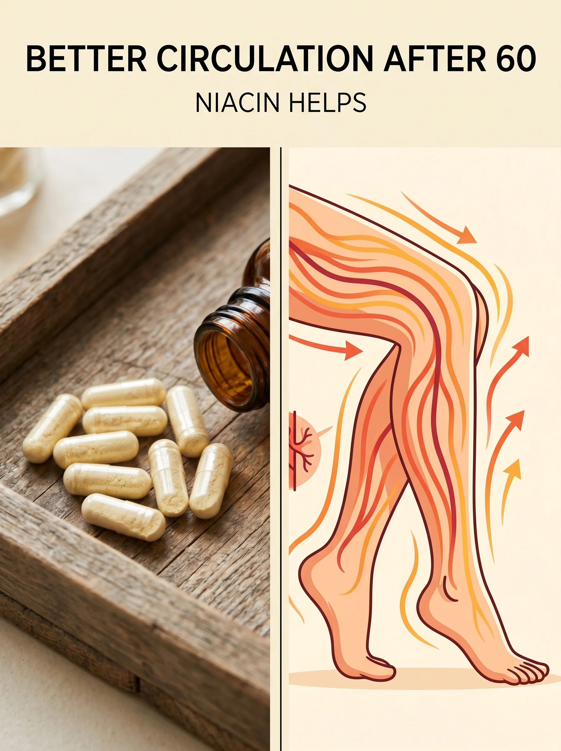 Pinterest panel: left close-up of niacin capsules on a wooden tray; right illustrated legs with warm circulation lines, warm cream background