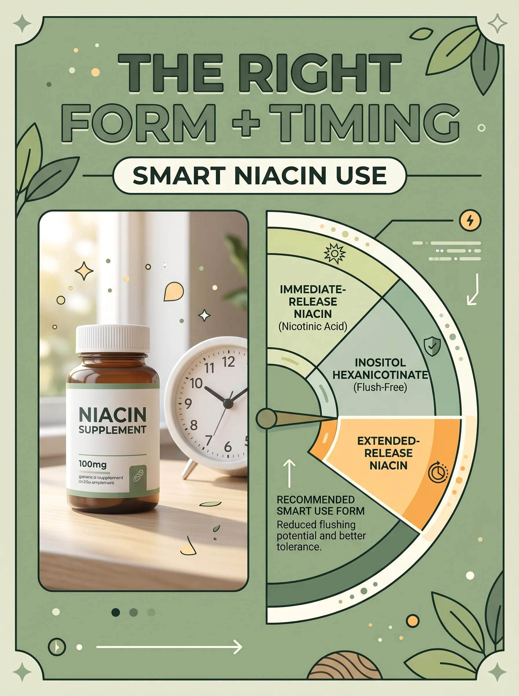 Pinterest panel: left photo of supplement bottle beside a clock; right illustrated meter with correct form highlighted, warm sage background