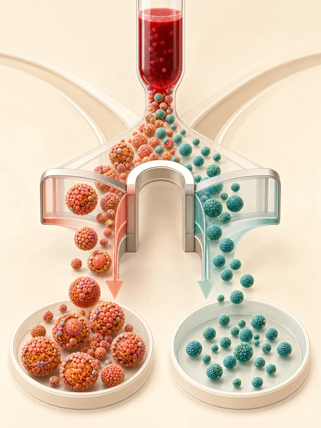 Mixed lipoprotein particles separating into teal HDL and remaining coral non-HDL groups
