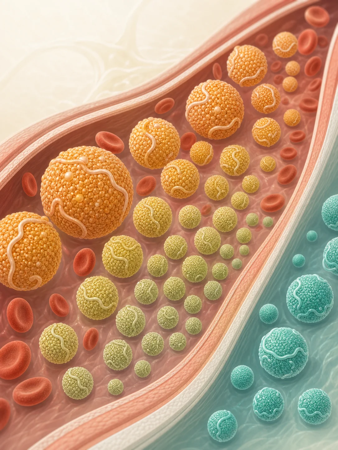 Several sizes of non-HDL lipoprotein particles moving separately from a teal HDL stream