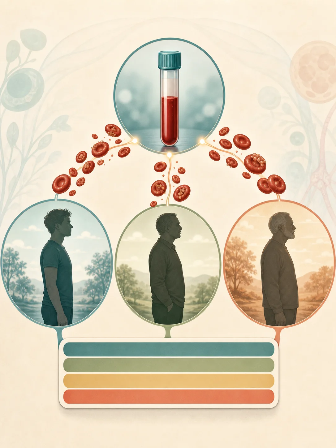 One blood sample connecting to adults at three life stages above shared colored ranges