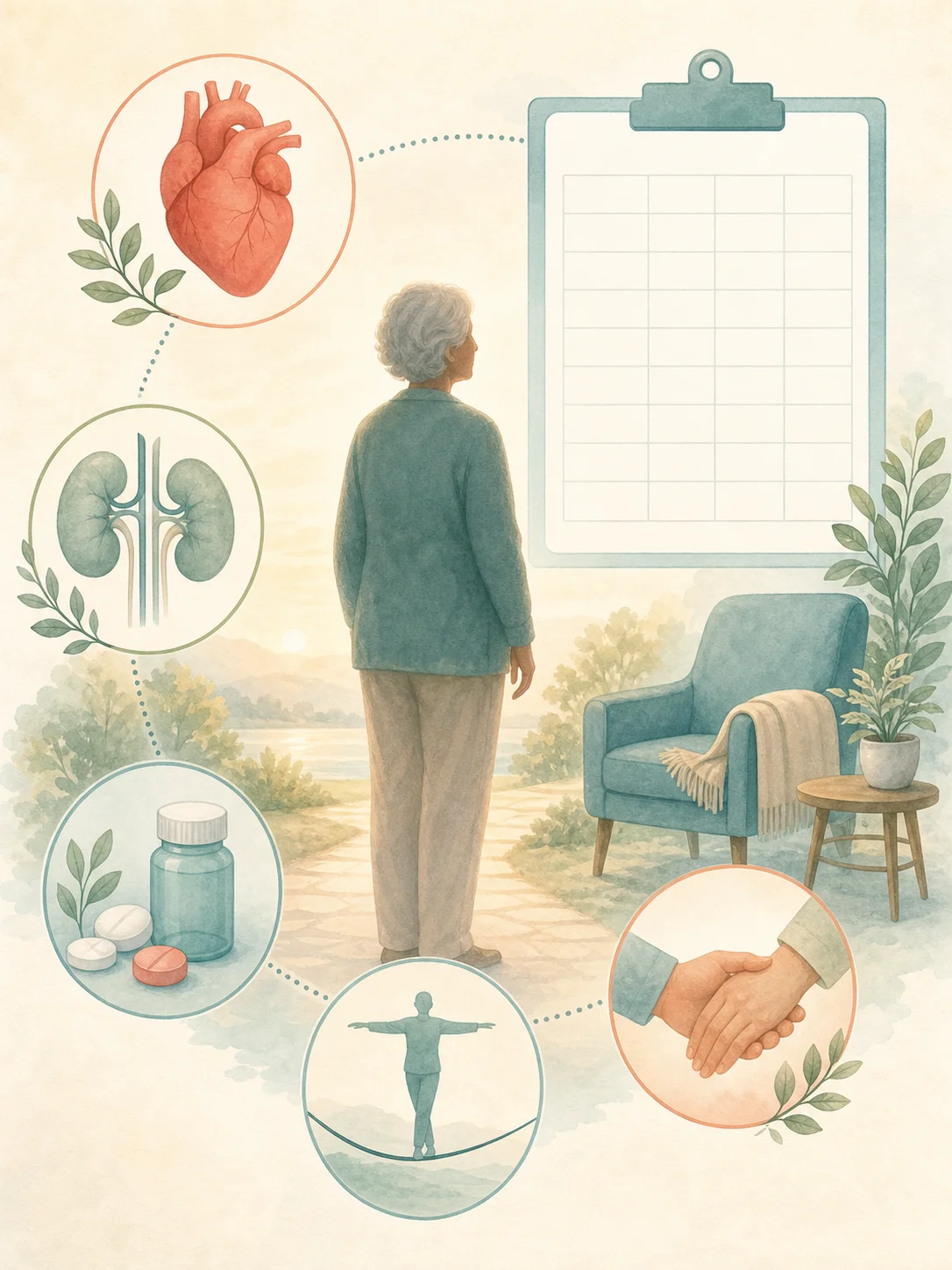 Older adult surrounded by heart, kidney, medication, balance, and supportive-care symbols