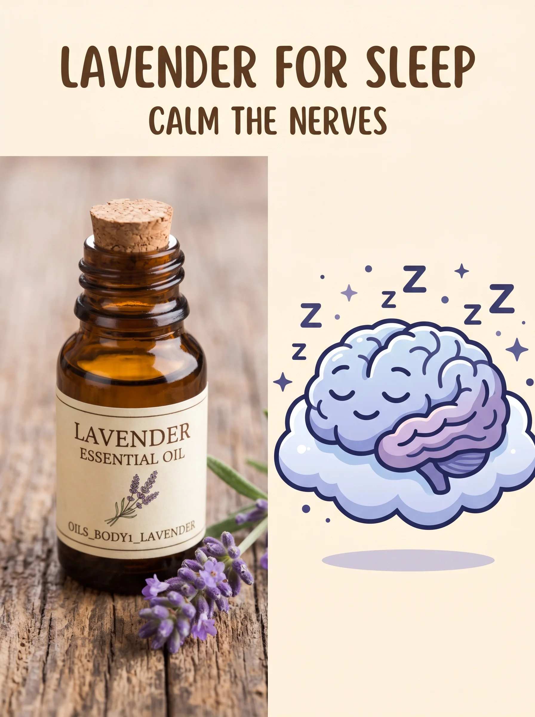 Lavender flowers and essential-oil bottle beside a peaceful sleeping figure illustration