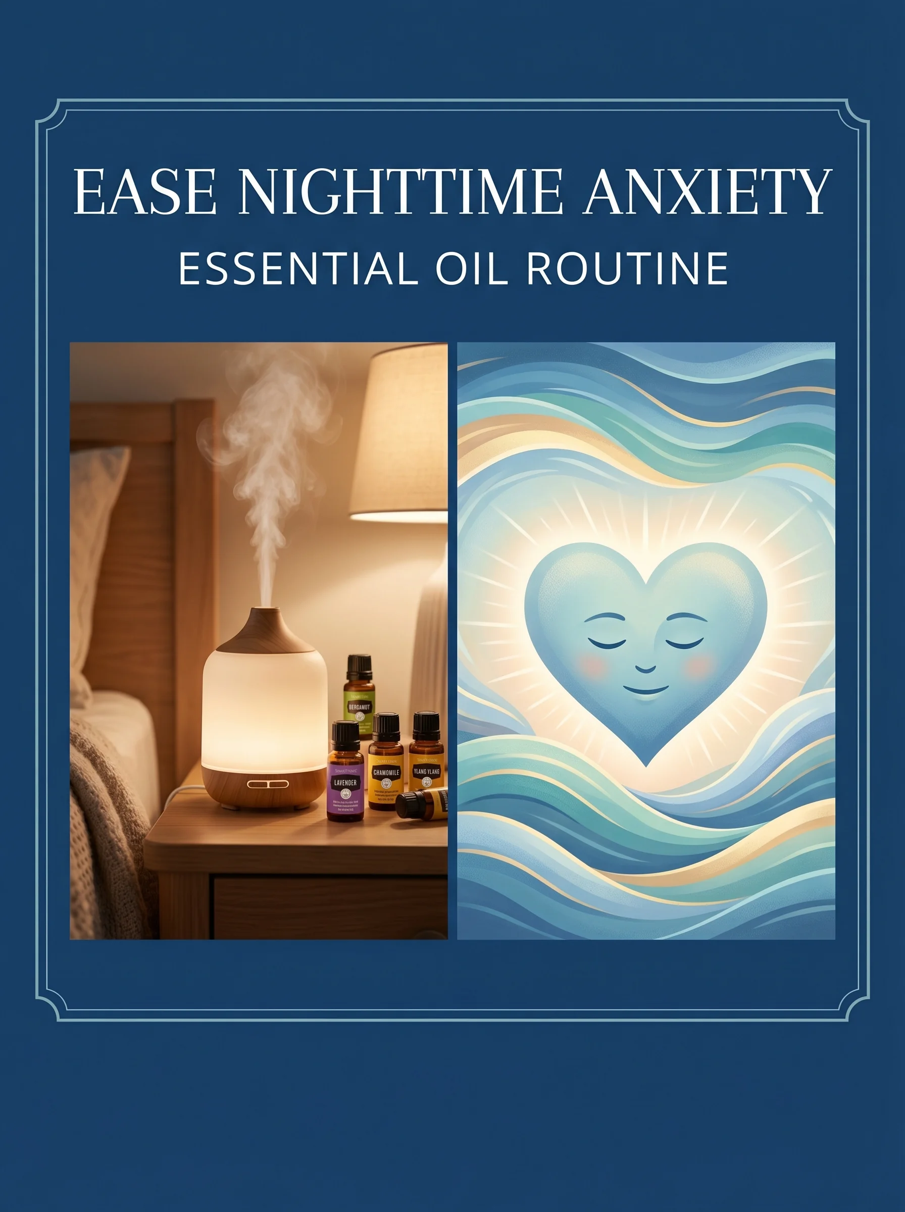 Diffuser releasing essential oil mist beside a calm-brain illustration showing reduced anxiety