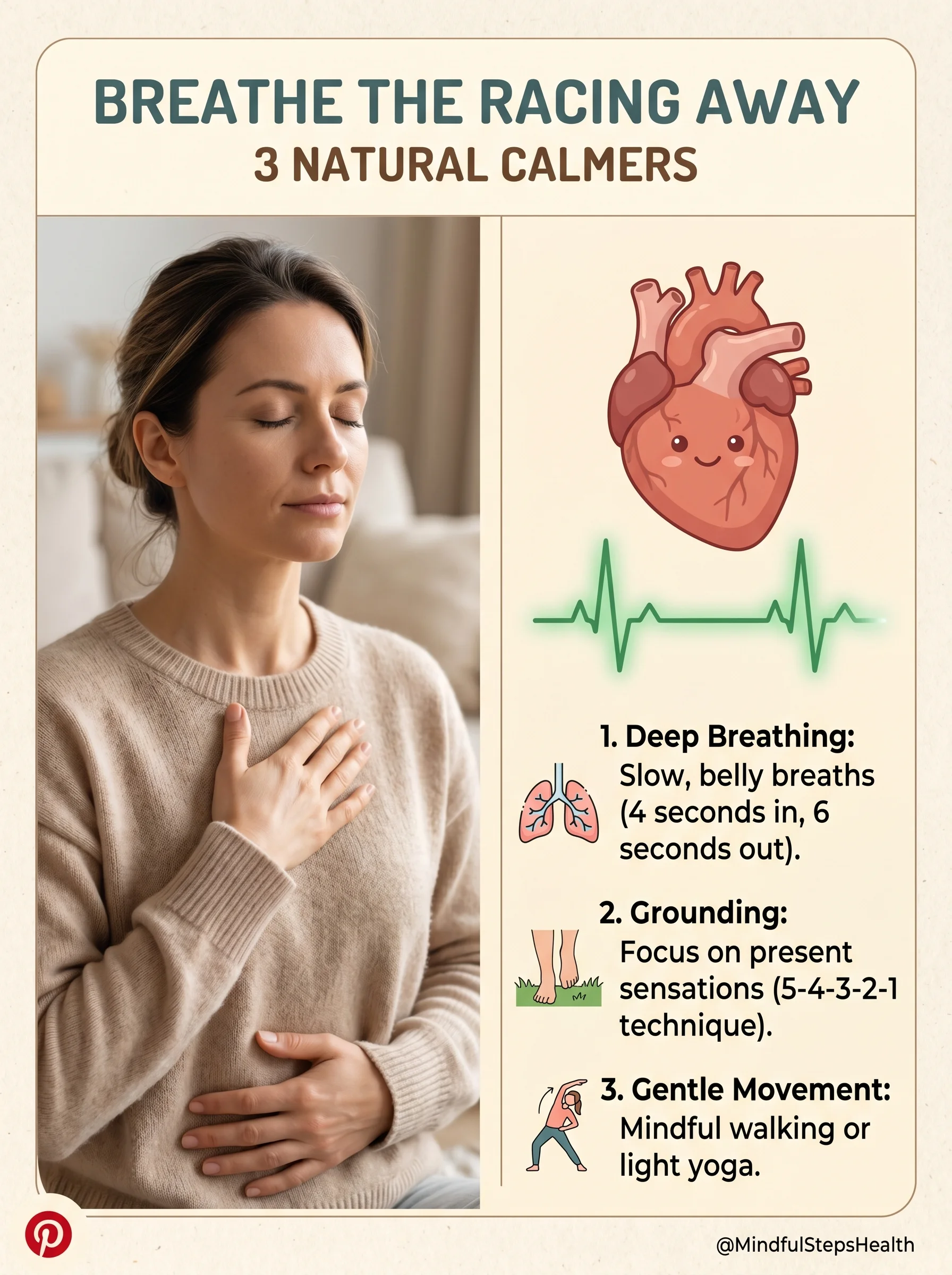 Person taking a slow deep breath beside an illustration of a heart returning to a steady rhythm
