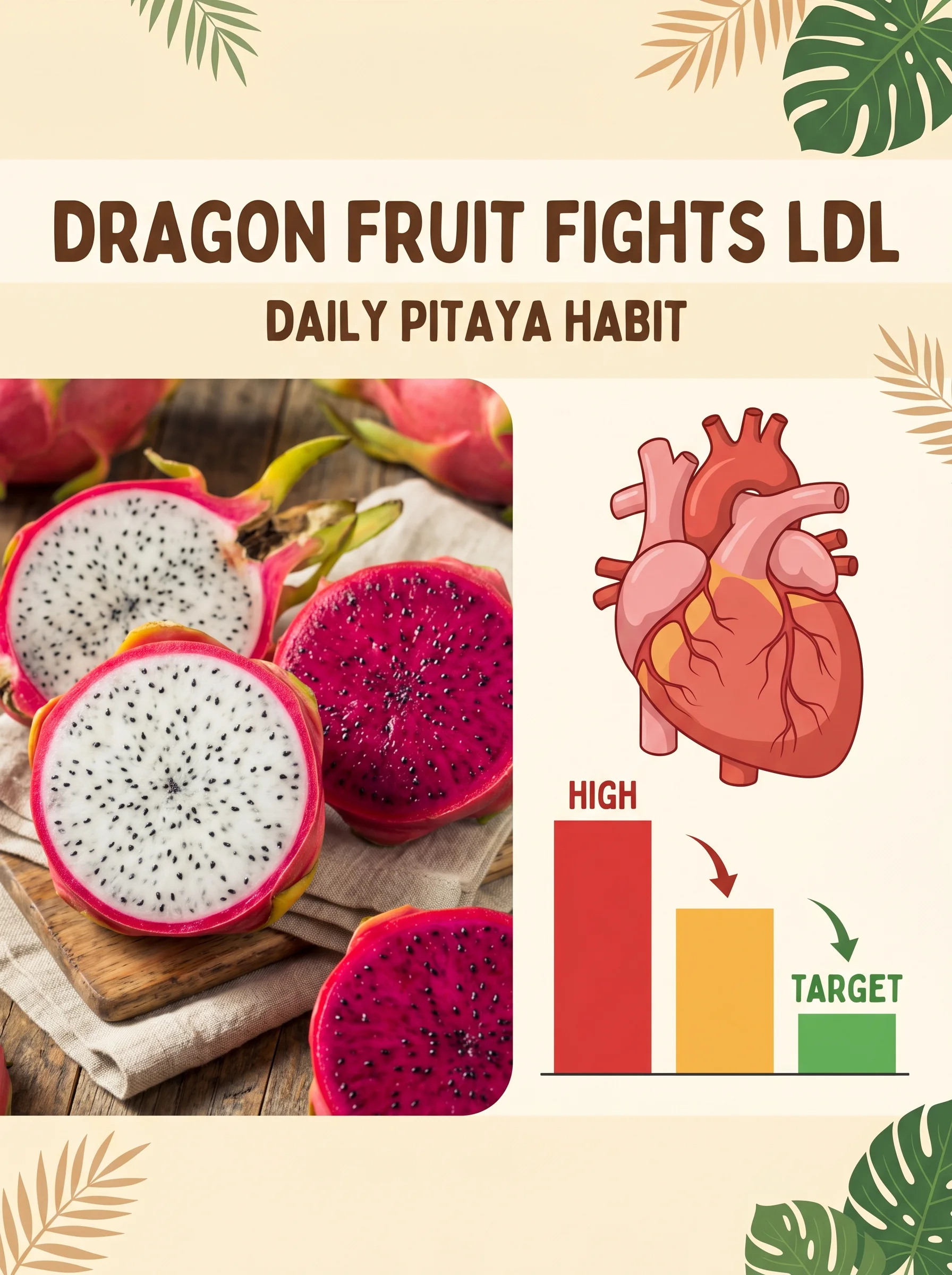 Pinterest panel: left close-up of sliced dragon fruit; right illustrated heart with dropping cholesterol bars, warm cream background