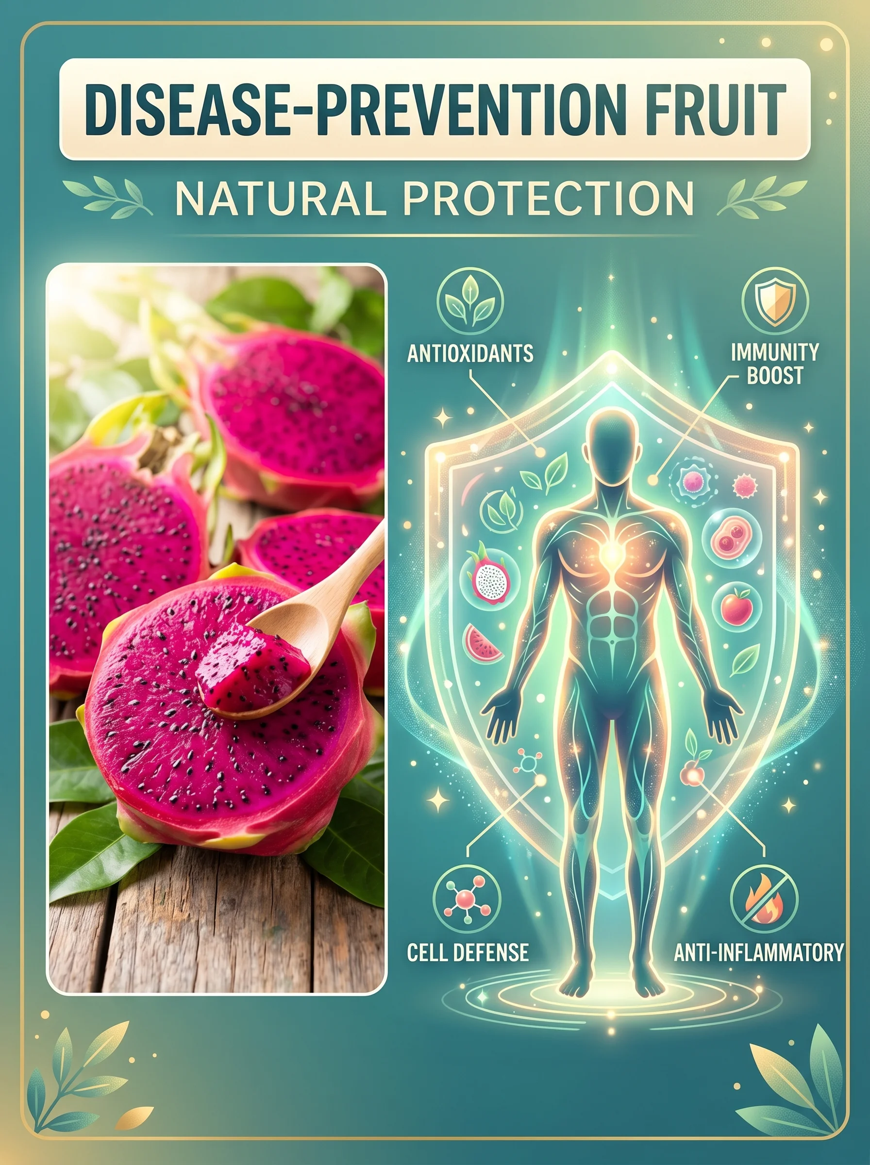 Pinterest panel: left photo of pitaya halves with spoon; right illustrated body with glowing protective shield, warm teal background