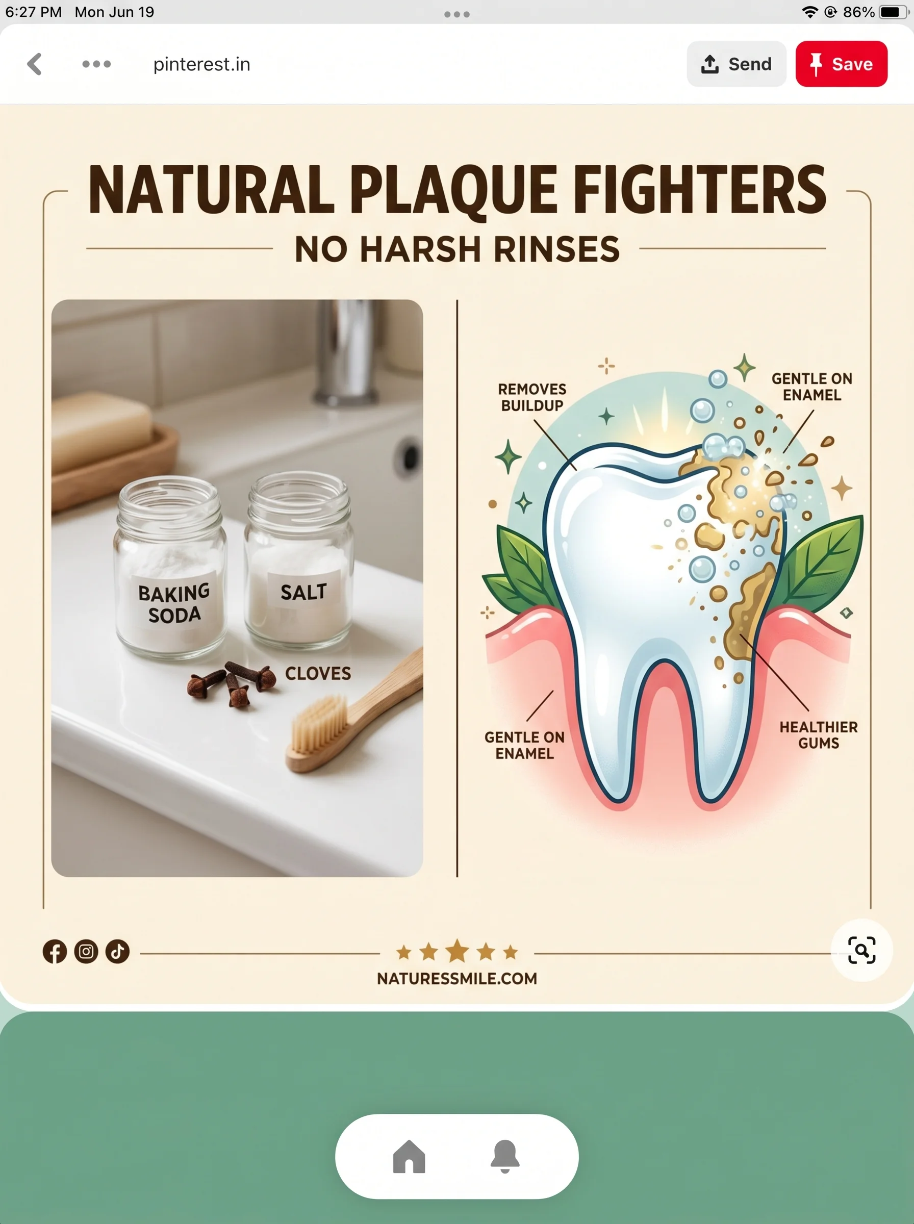 Selection of natural plaque-fighting foods beside an illustration of clean teeth and healthy gums