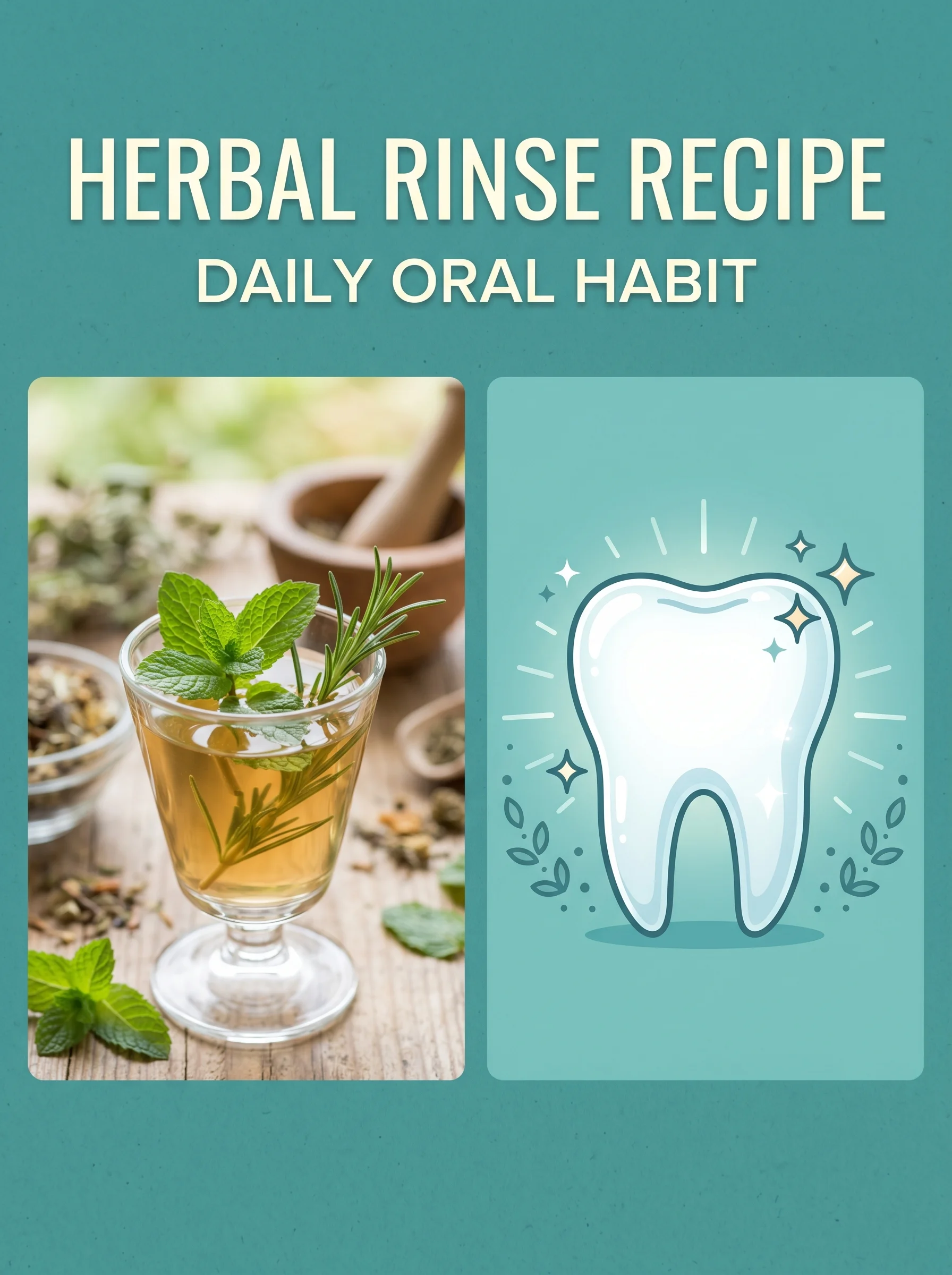 Glass of saltwater rinse beside an illustration of healthy gums and reduced bacteria around teeth
