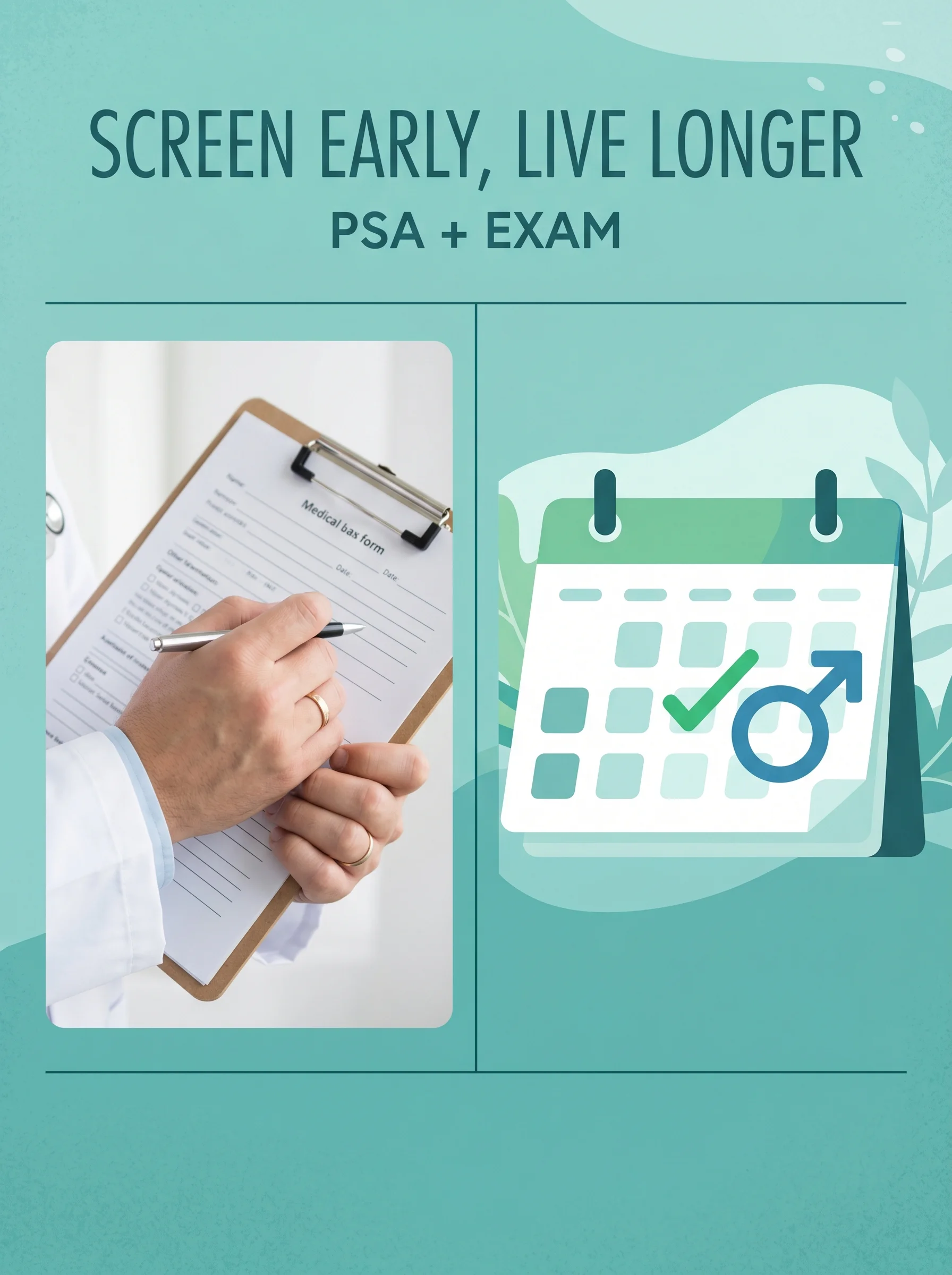 Doctor performing a routine PSA blood test beside a healthy-prostate illustration