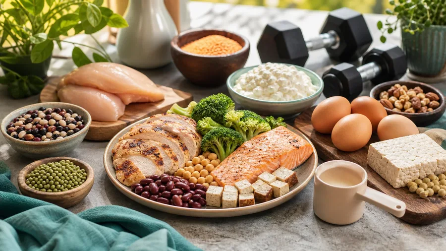 Protein-rich foods, a scoop, and strength-training equipment arranged around a practical daily intake plan
