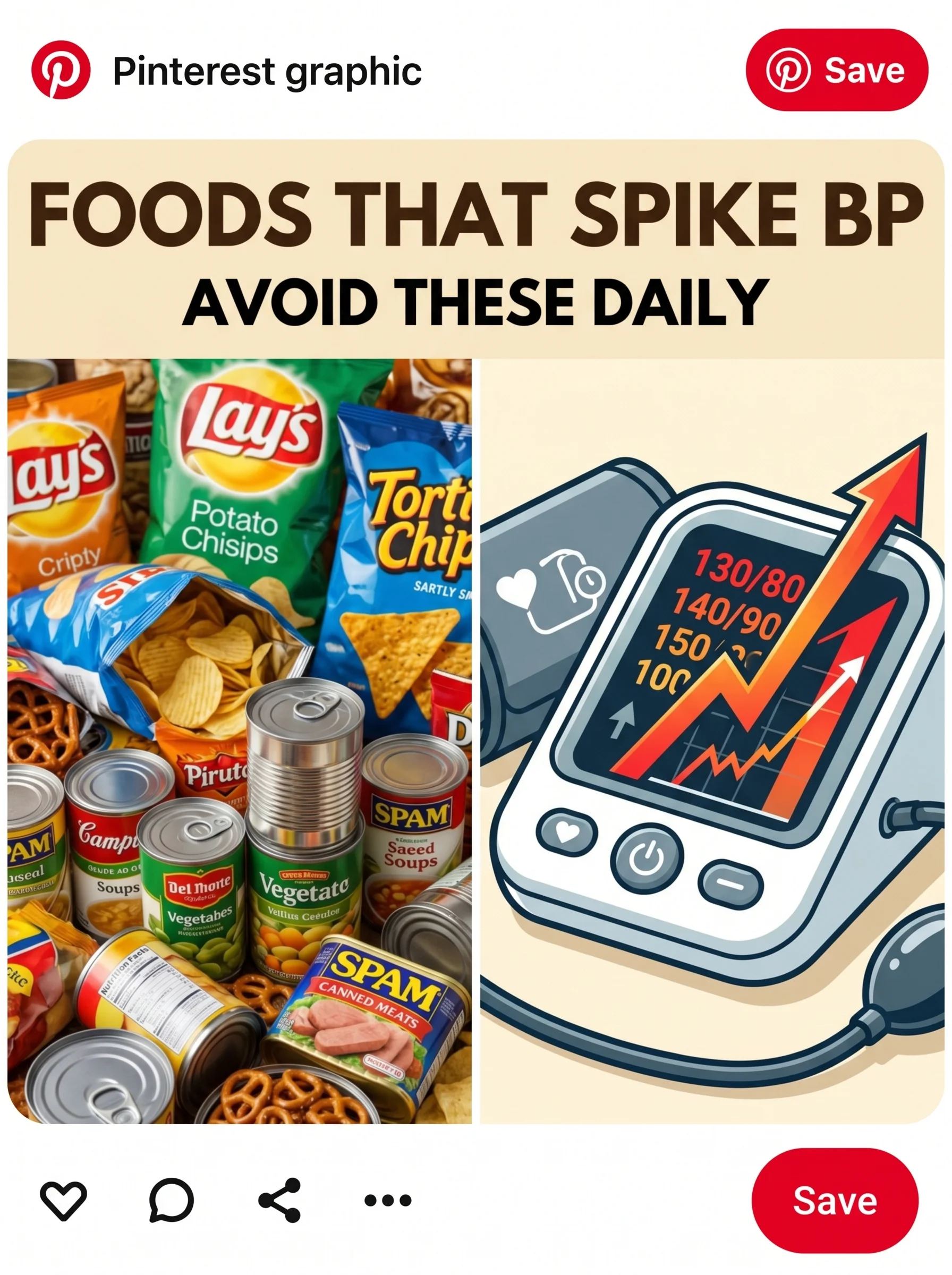 Plate of salty processed foods marked with a red avoid stamp beside a blood-pressure cuff illustration